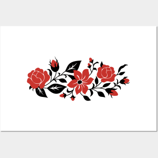 Print with Red Rose and Mallow Inspired by Ukrainian Traditional Embroidery Posters and Art